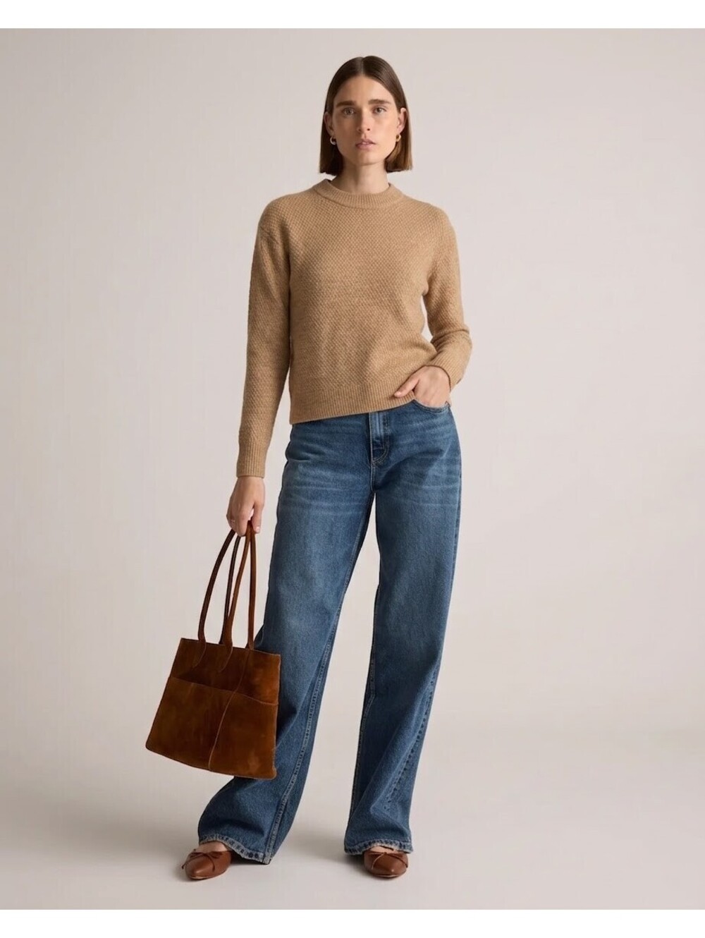 Quince Camel Baby Alpaca Wool Diamond Stitch Crewneck Sweater Size M